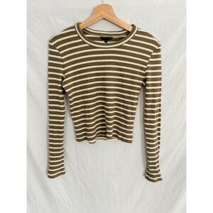 Massimo Dutti Ribbed Knit Long Sleeve Striped Cropped Top Women Medium